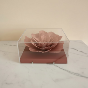 A caixa Camélia Rosé une a inovação do acrílico à textura das folhas esqueletizadas, criando uma peça que acolhe o olhar e imortaliza a natureza.