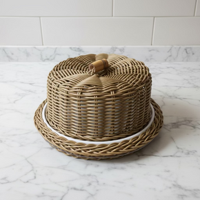 Boleira em vime sintético caramelo e prato em cerâmica branca. A cúpula é em vime sintético e tem alça em bambu natural.