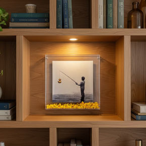 Quadro de azulejo com foto P&B de menino pescando patinho, dentro de caixa de acrílico com mini patinhos amarelos na base.