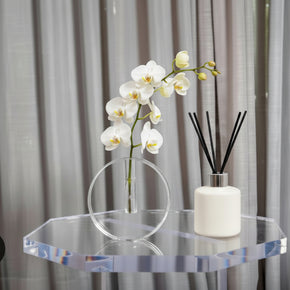 Vaso em acrílico cristal em formato de círculo com 12 cm de diâmetro. 