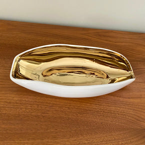 CENTRO DE MESA CERÂMICA BRANCO E DOURADO