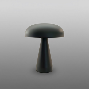 Luminária de mesa sem fio em formato de cogumelo na cor preta fosca desligada.