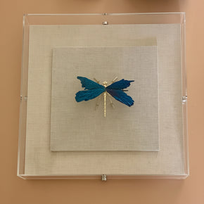 Vista frontal da caixa decorativa em acrílico com libélula azul sobre fundo neutro off white.